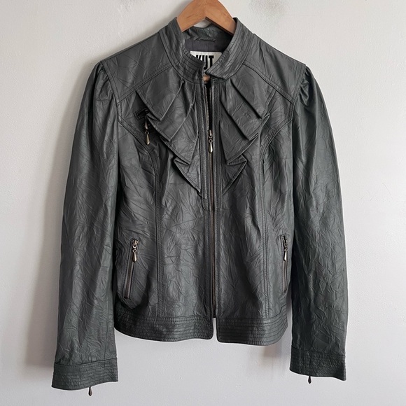 KUT FROM THE KLOTH  Wrinkle Effect Leather Jacket Full Zip Gray Pockets Size L - Picture 1 of 7